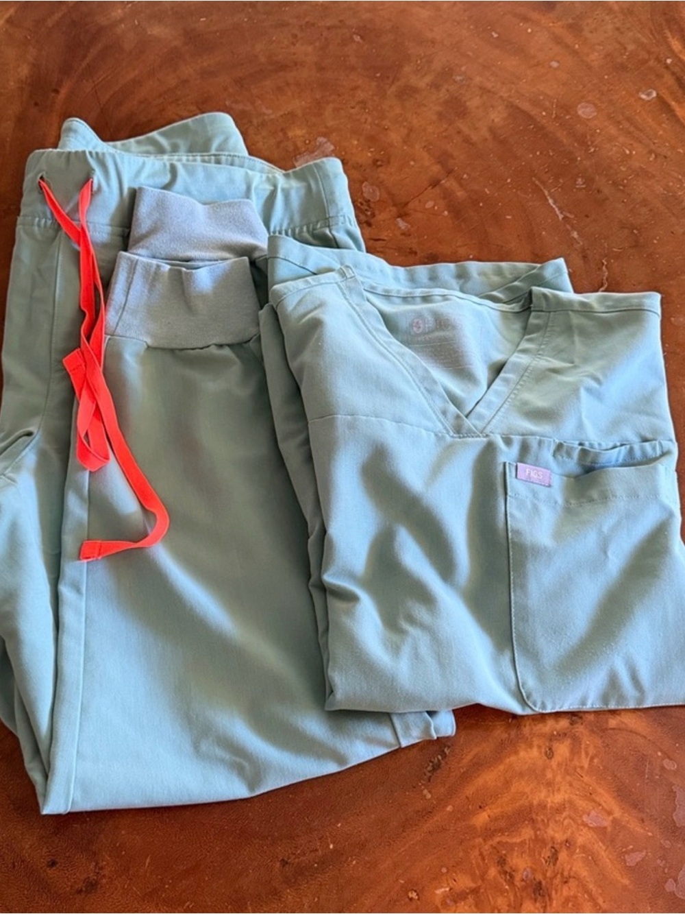 Figs Women's Scrub Set in Sage with Coral Drawstring
